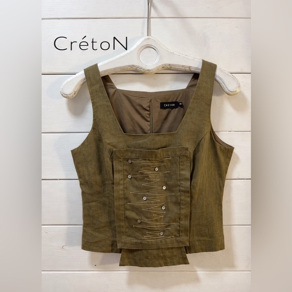 Créton Tops - CRÉTON Olive Structured Sleeveless Top Size 38